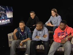 INTERVIEW: John, Leeon, Simon, Franz and Alex on the reasons why they get on so well, the amount of training they had to go through at the Attack the Block Interviews at London England. (Footage by WireImage Video/GettyImages) Stock Footage