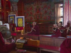 MS Buddhist monks playing symbols, small bell, and kanglings at band practice / Kathmandu, Central Region,Nepal Stock Footage