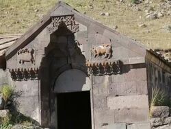 Selim Caravanserai, reliefs of a bull and winged animal above the front entry to the building Stock Footage