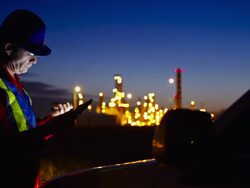 Worker at industrial plant working on a tablet. Stock Footage
