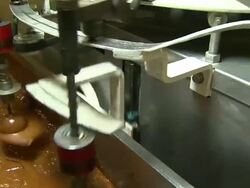 Medium static - Paddles press mechanical arms holding apples down into caramel /  Missouri, United States Stock Footage