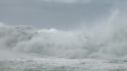 Huge Waves Crash Into Rocky Coastline Stock Footage