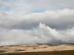 WS View of Puffy white clouds over golden prairie landscape / White Sulphur Springs, Montana, United States Stock Footage