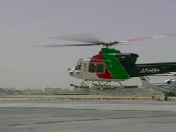 MS Shot of helicopter taking off from airport / Qatar Stock Footage