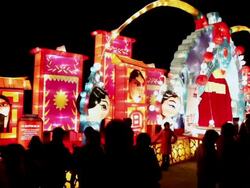 MS PAN Tourists roaming new year lantern festival near city wall at night / xi'an, shaanxi, china Stock Footage