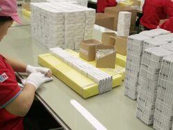 MS ZI Young women folding paper by hand at printing factory / Shenzhen, Guangdong, China Stock Footage