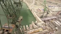 The Three Gorges Dam undergoes construction. Stock Footage