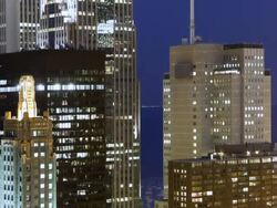 MS ZO T/L Full moon rising over town with michigan lake / Chicago, IL, United States Stock Footage