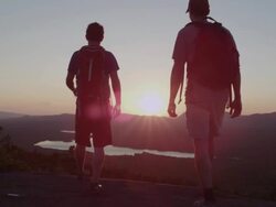 MS TU Shot of Two men hikiing and enjoying top of mountain peak in 100 Mile Wilderness of Northern / Maine, United States Stock Footage