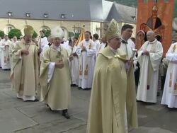 MS PAN Shot of  procession of Echternach / Echternach, Echternach, Luxembourg Stock Footage