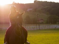 Young woman horseback riding at sunset Stock Footage