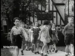 1936: U.S. EDUCATION: GRADE SCHOOL & MIDDLE SCHOOL: EXT WS Elementary school children entering building. VS Children walking on street. LA WS Children walking w/ parents, school building BG. HA LS Middle school students crowded, lined up outside. Instructional Video