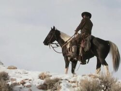 TS Cowboy riding horse along a snowy ridge with a dog following along / Shell, Wyoming, United States Stock Footage