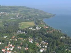 Aerial the Sea of Galilee, also known as Lake of Gennesaret, Lake Kinneret, Sea of Tiberias or Tiberias Lake, Israel Stock Footage