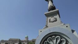Chain Bridge Szechenyi Lamchid & Hungarian Nation Gallery, Budapest, Hungary, Europe Stock Footage