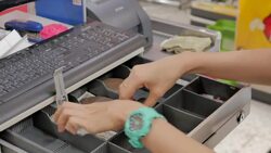 Women dispensing change and counting from a register cash drawer Stock Footage