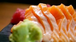 Fresh Salmon on table in motion Stock Footage