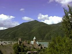 WS PAN View of Ananuri castle complex and Church on the Aragvi River in Georgia / Ananuri, Georgia  Stock Footage
