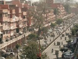 Busy Jaipur Pink City street from above Stock Footage