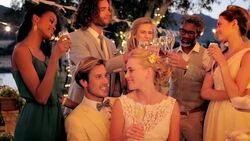 Bride and groom drinking champagne with friends and family at wedding reception Stock Footage