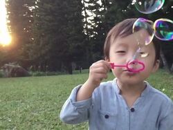 Children blowing bubbles in slow motion Stock Footage