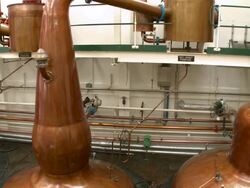 MS PAN View of distillation process in whisky factory / Rothes, Speyside, Scotland Stock Footage