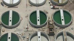 Aerial view of holding tanks at Atotonilco wastewater treatment plant in Tepoztlan, Mexico. Stock Footage