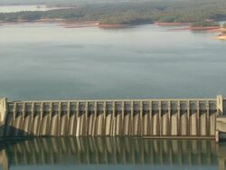 MS AERIAL ZO Shot of Strom Thurmond Dam / South Carolina, United States Stock Footage