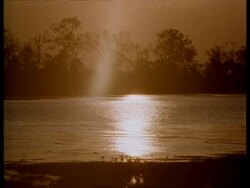 WA Golden sunlight reflecting on water hole at dusk, India Stock Footage