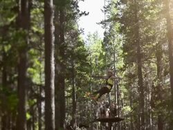 Young girl riding zip line in forest Stock Footage