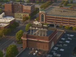 WS AERIAL ZI ZO View of Chattanooga Choo Choo Train Depot with reveal entire building / Chattanooga, Tennessee, United States  Stock Footage