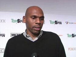 INTERVIEW - Jerry Stackhouse talks about how he thinks Topspin is great for offering the kids an opportunity to get an education, their focus for the night is to help the kids, believes that his table tennis game is pretty good, talks about his mentors Stock Footage