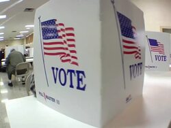 MS, PAN, People sitting in voting booths at polling place, St. Marys, Ohio, USA Stock Footage