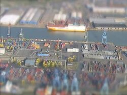 Aerial view of a port harbour. NTSC, PAL Stock Footage
