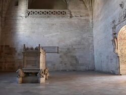 Lisbon, Jeronimos Monastery, Hieronymites Monastery (Mosteiro dos Jeronimos), the cloister, tomb of Alexandre Herculano, Portuguese novelist and historian Stock Footage