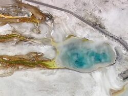 MS AERIAL Shot of Emerald Pool / Wyoming, United States Stock Footage