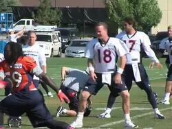 Denver Broncos practice for New York Giants Stock Footage