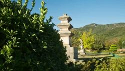 View of stone pagoda(Korea Treasure) in Mt. Nam in Gyeongju Stock Footage