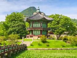 View of Hyangwonjeong(Gazebo) and water garden in Gyeongbokgung(ancient palace) Stock Footage