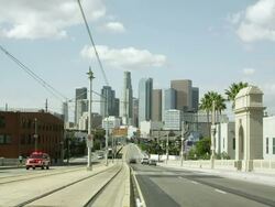 Static shot of city street looking toward skyscrapers in Los Angeles. Stock Footage