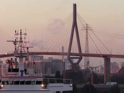 WS View of Kohlbrand Bridge in harbour at sunset / Hamburg, Germany Stock Footage