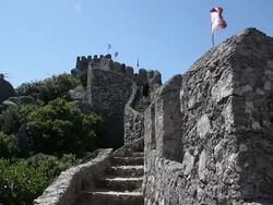 Sintra, Castle of the Moors (Castelo dos Mouros), view of the stairways to the Royal tower , and the city Sintra  Stock Footage