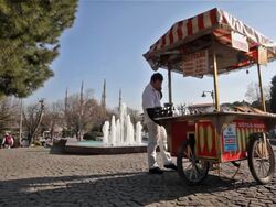 CORN AND CHESTNUT SELLER WITH CART Stock Footage