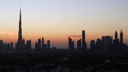 United Arab Emirates, Dubai, elevated view of the new Dubai skyline, the Burj Khalifa, modern architecture and skyscrappers on Sheikh Zayed Road Stock Footage