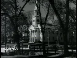 1948: CHURCHES: WS Church w/ tall steeple. WS Steeple church w/ columns. CU Church schedule & sermon titles, 'Holy Communion' am, 'Divorce & the family' pm. INT Church w/ Catholic priest talking from pulpit (No SOT), parishioners in pews FG. Instructional Video