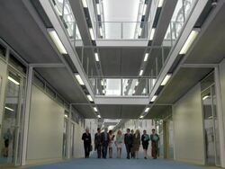 WS  group of businessmen and women walking along galleried corridor  Stock Footage