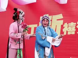 MS TS Chinese folk artists performing traditional opera at temple fair to celebrate chinese spring festival  AUDIO  / xi'an, shaanxi, china Stock Footage