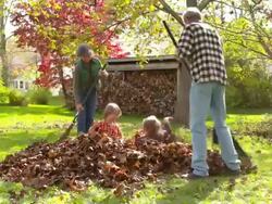 WS DS Grandmother grandfather grandson and granddaughter raking leaves / Tivoli, New York, United States Stock Footage