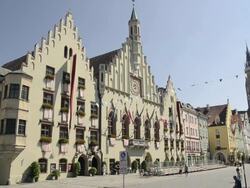 WS View of Town hall, old town and St. Martin basilica with the tallest brick tower in the world / Landshut, Bavaria, Germany Stock Footage