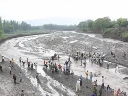 People crossing river on foot because of a broken bridge Stock Footage